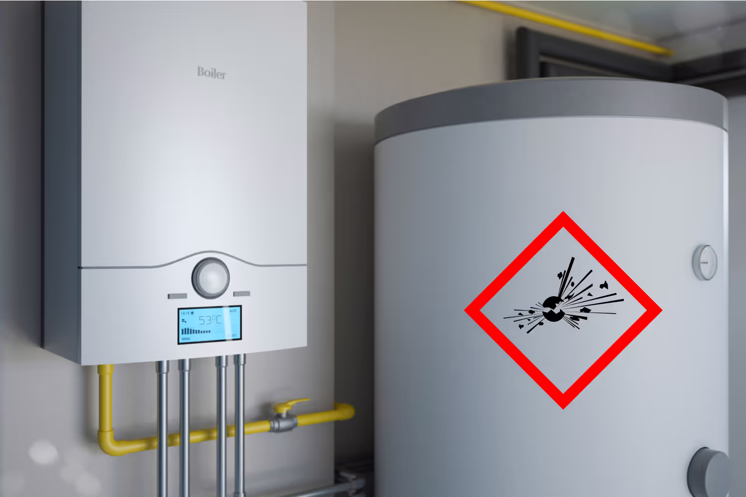Gastherme mit Steuerungskasten und Warnung vor Gasexplosion