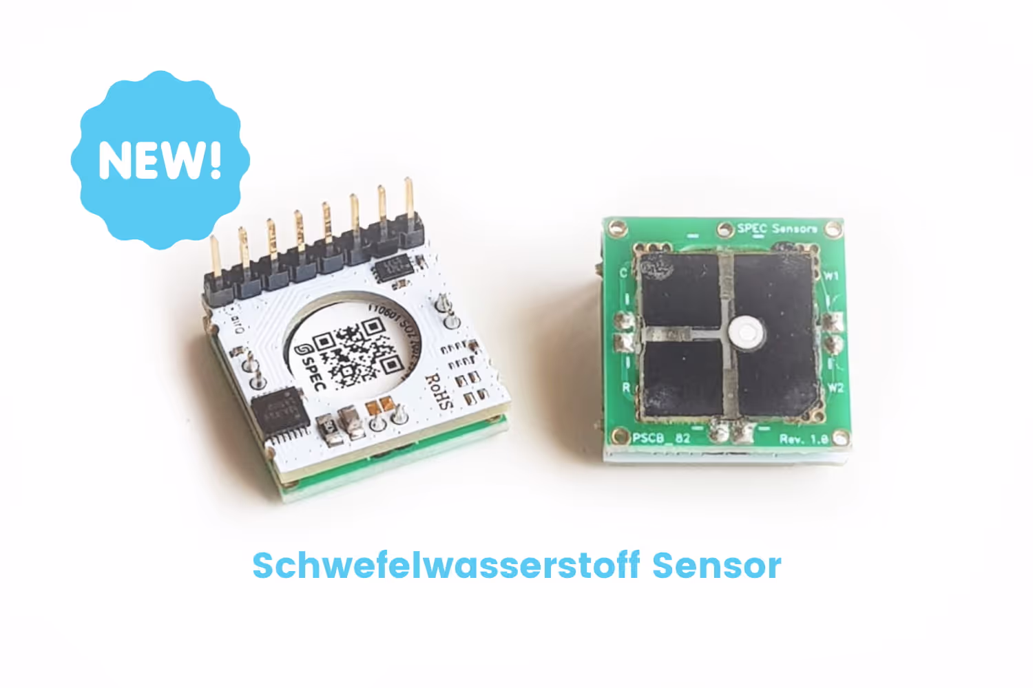 air-Q Sensor Schwefelwasserstoff auf weißem Untergrund mit einem blauen New-Störer am linken Bildrand und dem Schriftzug "Schwefelwasserstoff Sensor am unteren Bildrand.