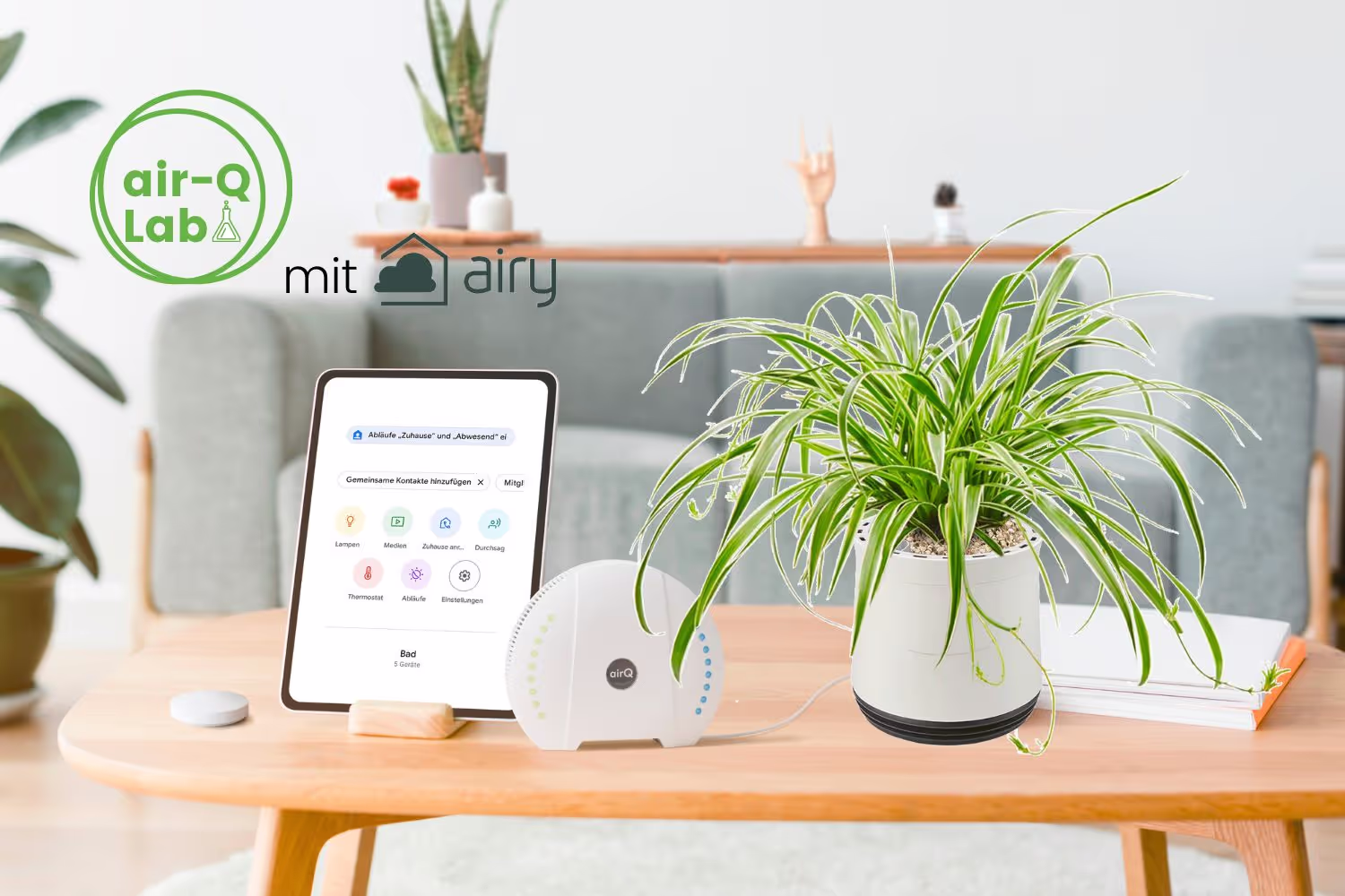 Heller Wohnzimmertisch mit dem Luftmessgerät air-Q, einem Tablet mit der air-Q App und einer Grünlilie in einem AIRY Übertopf, im Hintergrund ein graues Sofa