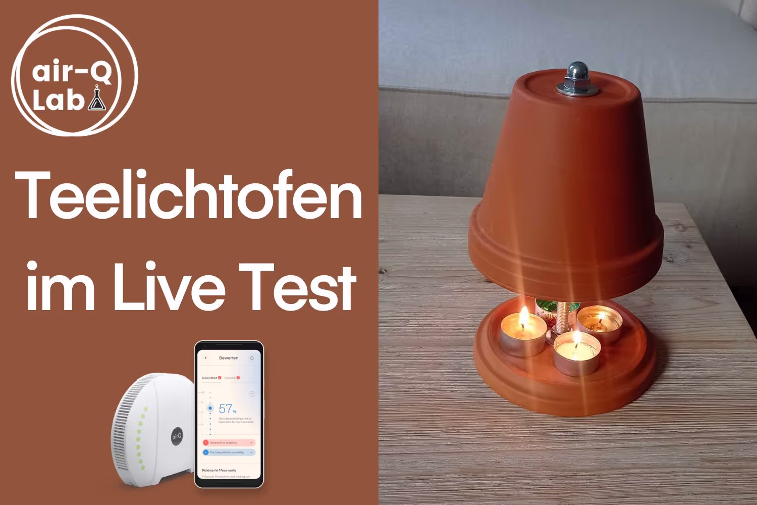 Bild Teelichtofen auf der rechten Bildhälfte mit brennenden Kerzen. Brauner Hintergrund auf der linken Seite mit dem air-Q Luftmessgerät und einem weißen Text: "Teelichtofen im Live Test".