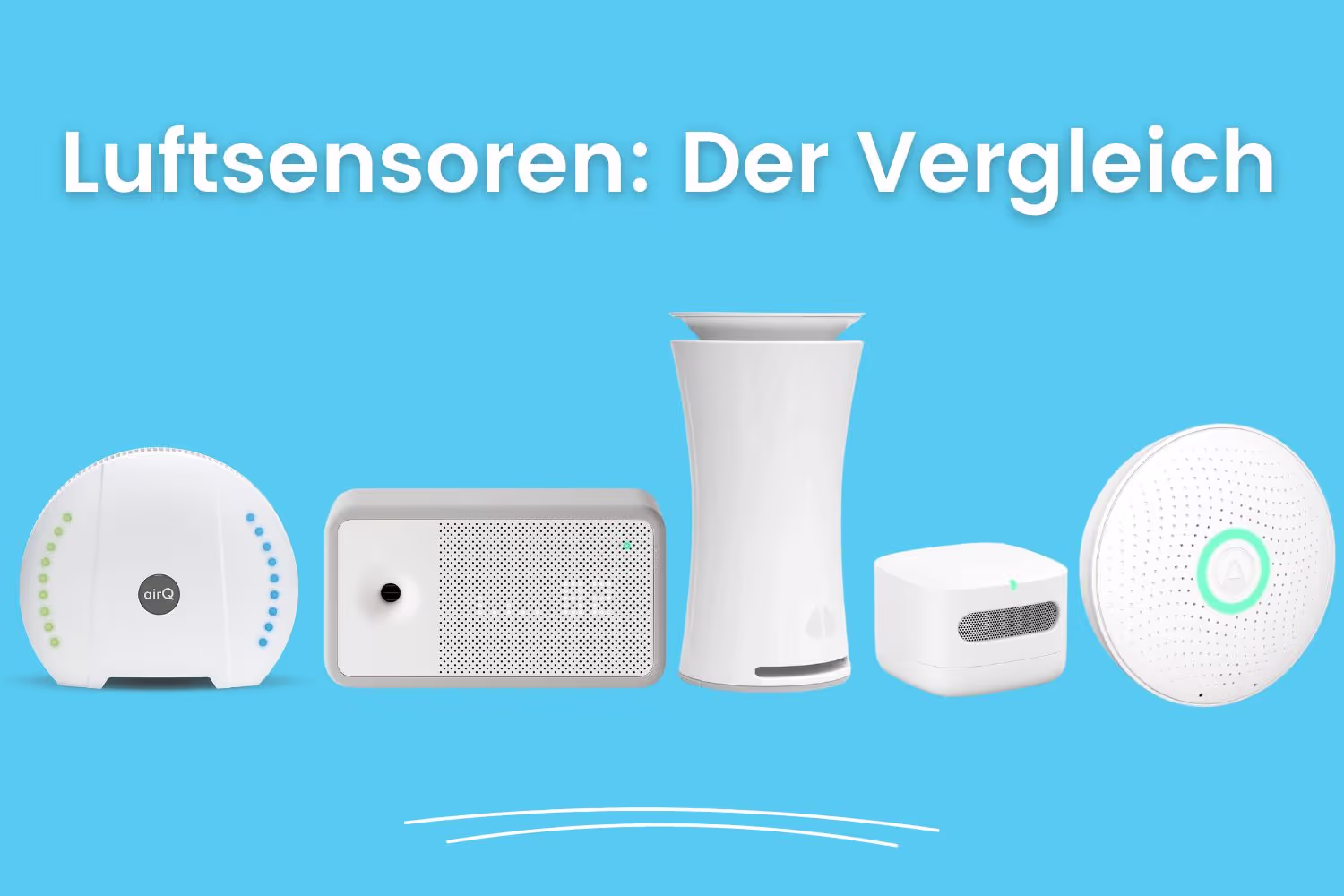 Fünf verschiedene Luftmessgeräte u.a. der air-Q vor blauem Hintergrund mit weißem Schriftzug "Luftsensoren – der Vergleich".