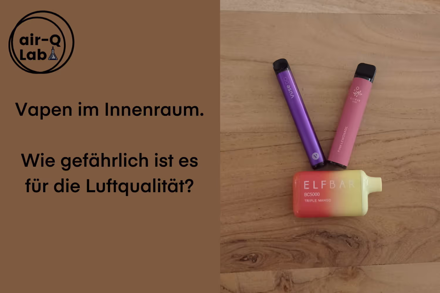 Vapes einer E-Shisha von Elf Bar auf braunem Hintergrund mit dem air-Q Lab Logo.