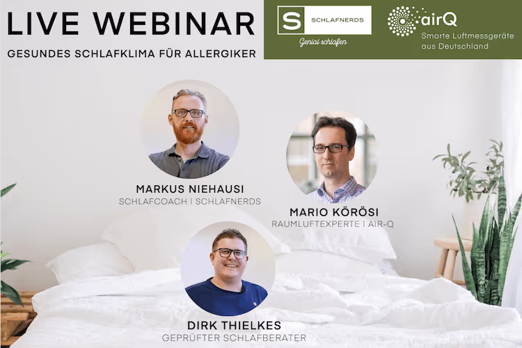 Flyer live Webinar Schlafqualität für Allergiker mit drei Profilbildern der Sprecher
