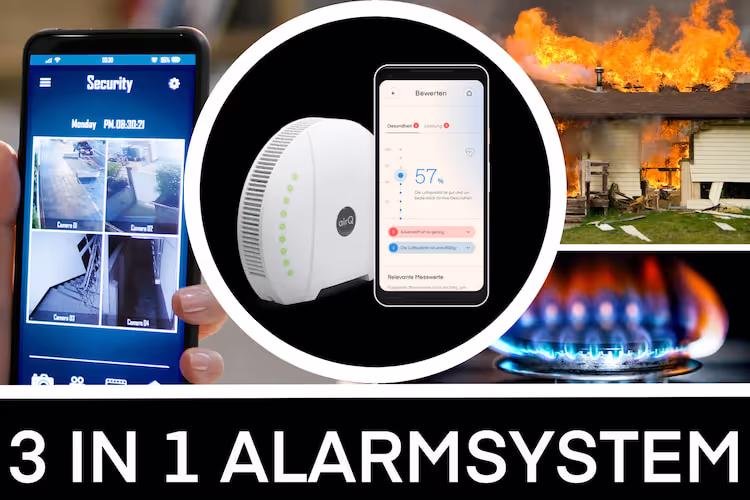 Collage 3 in 1 Alarmsystem air-Q: Luftmessgerät mit Smartphone in der Mitte, links Sartphone mit Videoüberwachung, rechts oben brennendes Haus, darunter Gasflamme am Gasherd.