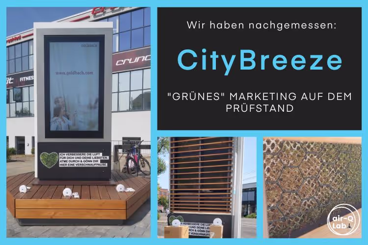 Collage Werbetafel CityBreeze aus mehreren Perspiktiven mit dem davor stehenden Luftmessgerät air-Q und der Aufschrift "Wir haben nachgemessen: CityBreeze – Grünes Marketing auf dem Prüfstand".