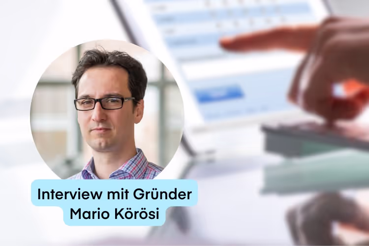 Person füllt Onlineumfrage aus, im Vordergrund Bild des air-Q Gründers Mario Körösi
