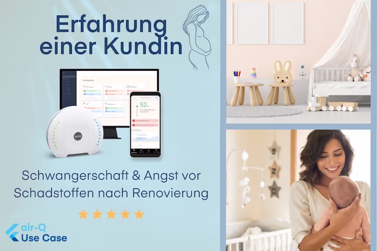 Collage mehrere Bilder Babybett, Mutter mit Säugling auf dem Arm und Text "Erfahrung einer Kundin: Schwangerschaft & Angst vor Schadstoffen nach Renovierung"