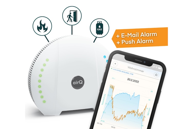 Luftmessgerät air- mit Icons für die Alarme Feuer, Einbruch & Gas