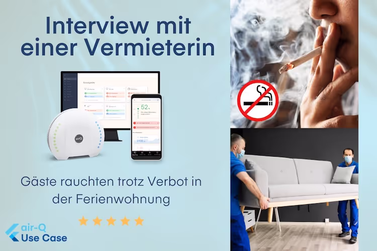 Grafik links auf blauem HIntergrund Luftmessgerät air-Q mit Webanwendung auf Bildschirm und geöffneter air-Q App auf Smartphone, rechts Collage rauchfreie Ferienwohnungen