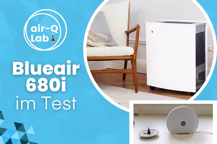 Collage Bild Luftreiniger Blueair Classic 680i und Luftmessgerät air-Q neben Räucherkerze