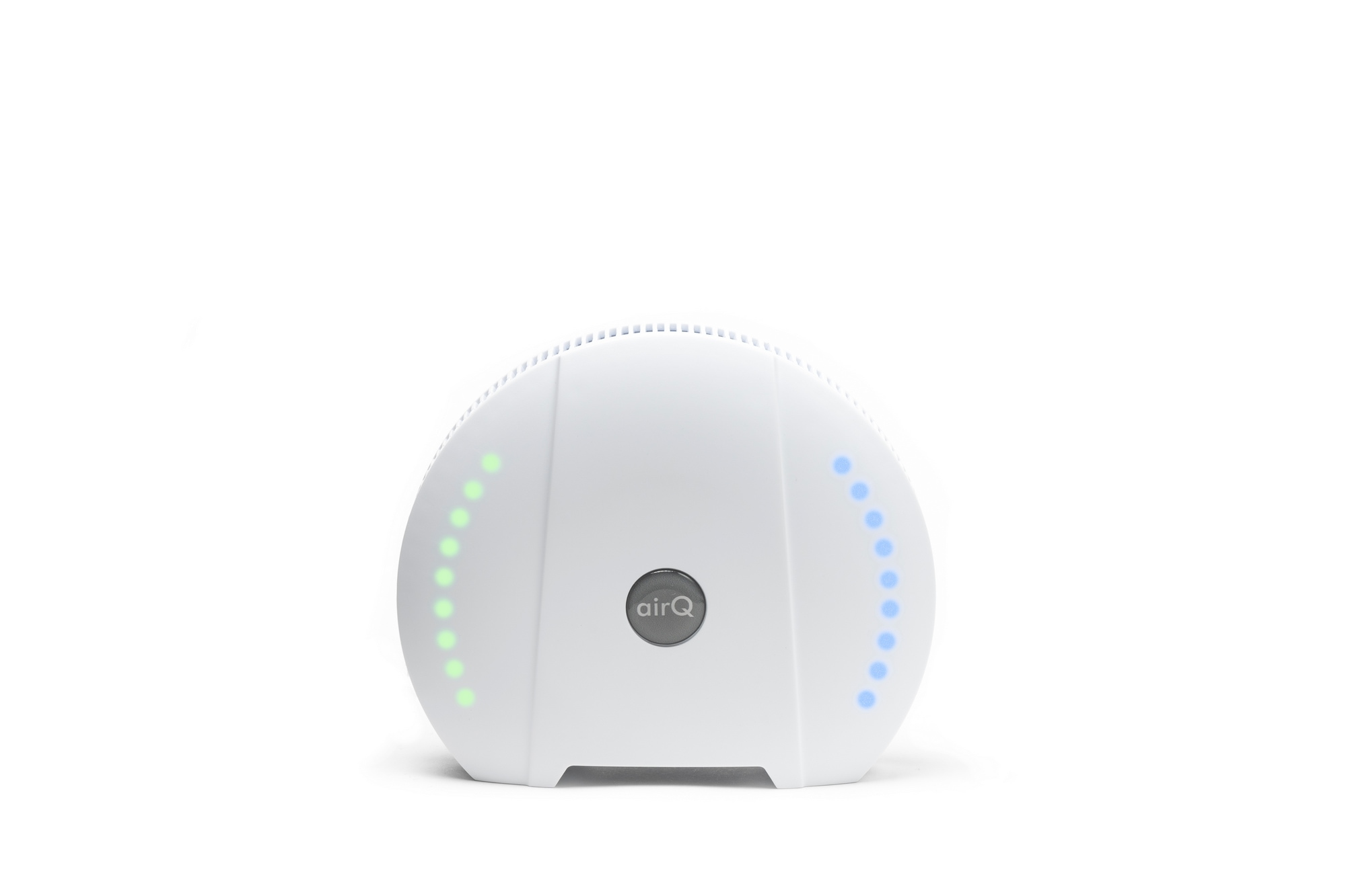 Luftmessgerät air-Q mit leuchtenden LED-Anzeigen vor weißem Hintergrund