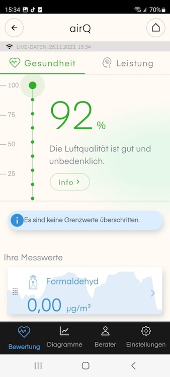 Screen Auswertungsdiagramm Luftmessgerät air-Q in der air- Smartphone App