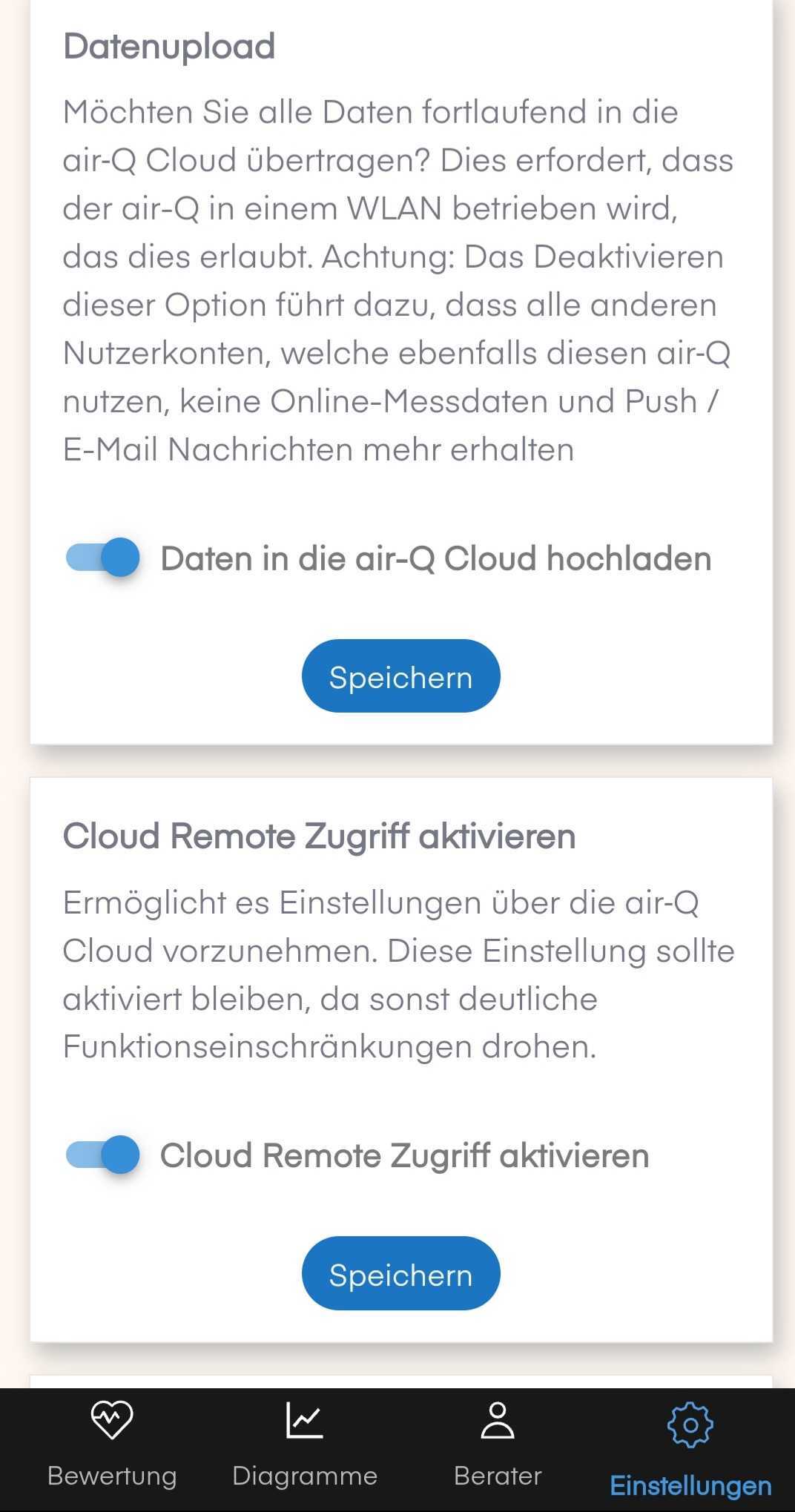 Einstellung in der air-Q App mit Reglern zur Aktivierung des Remote-Zugriffs
