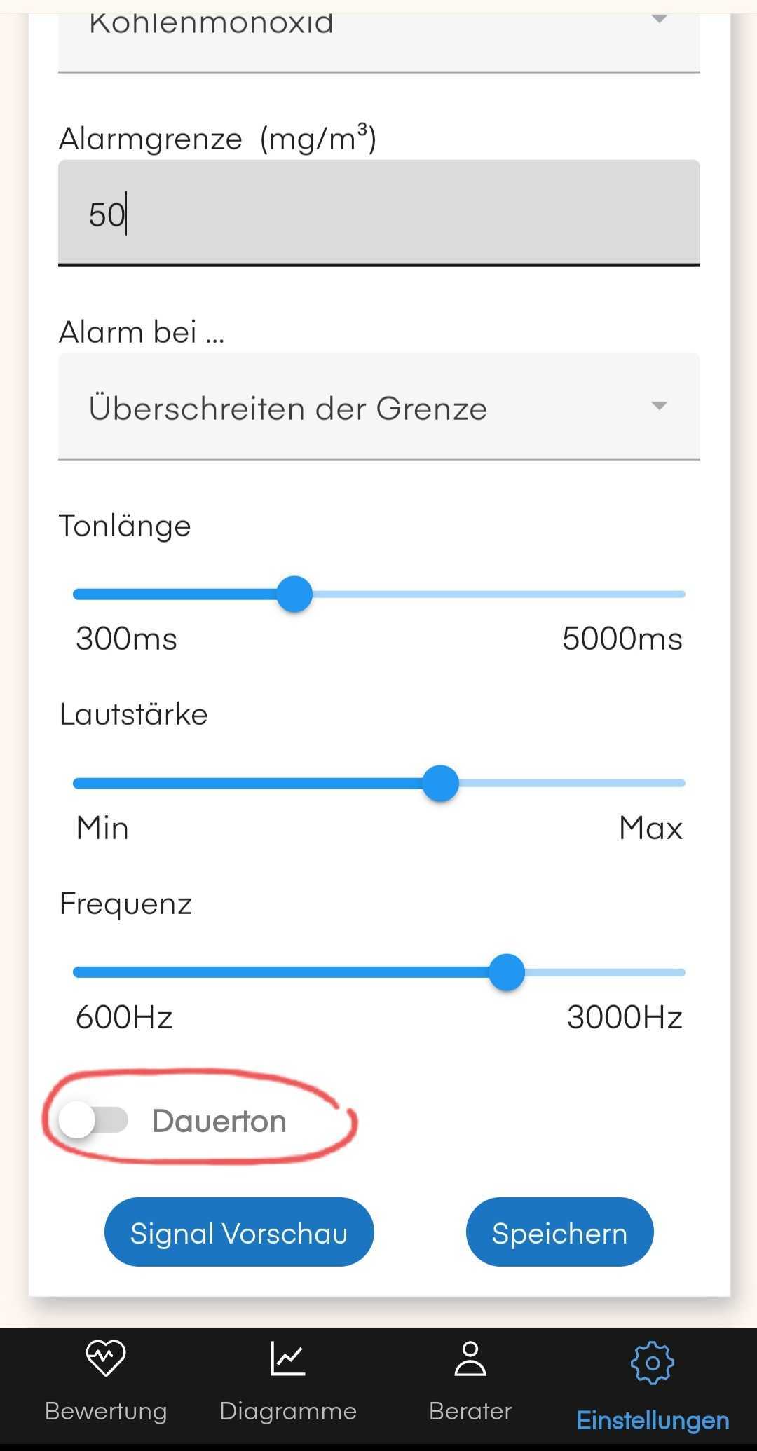 Regler-Einstellung in der air-Q App zur Aktivierung eines auer-Alarmtons