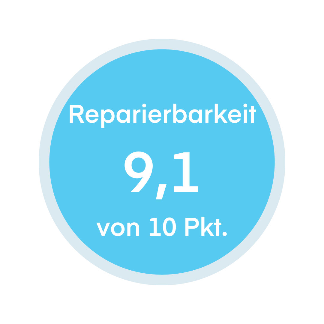 hellblauer, ausgefüllter Kreis mit weißer Schrift "Reparierbarkeit 9,1 von 10 Punkten"