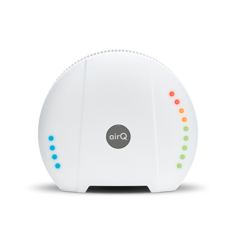 Luftmessgerät air-Q mit leuchtenden LED-Anzeigen vor weißem Hintergrund