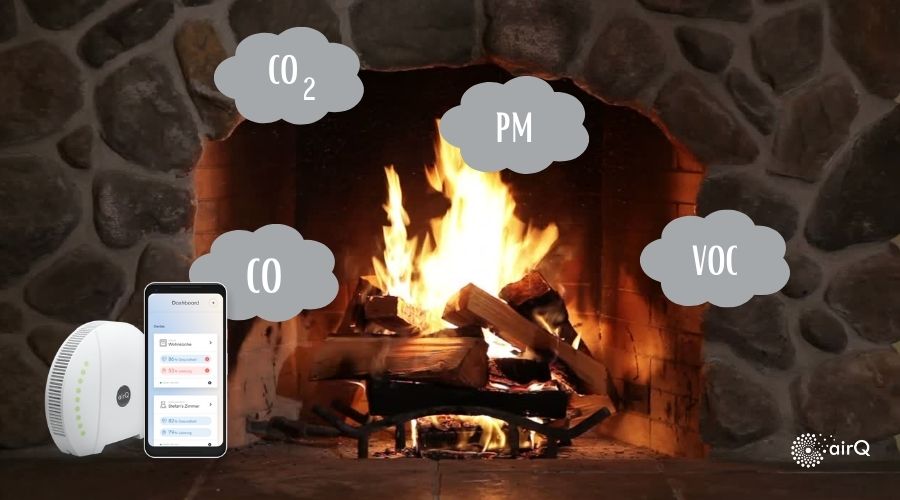 Offener Kamin mit Feuer im Hintergrund, vorn links das Luftmessgerät air-Q mit einem Smartphone, auf dem die air-Q App geöffnet ist und Wolkengrafiken von Luftschadstoffen, die bei einem Kaminfeuer freigesetzt erden