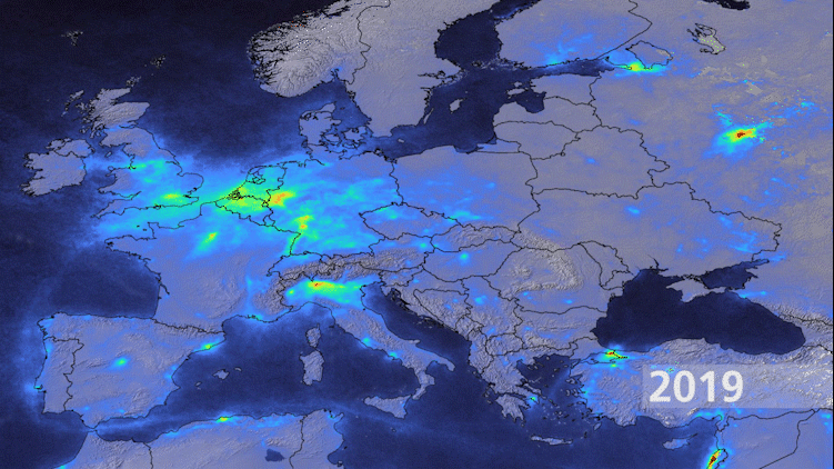Vergleich der NO2-Emissionen in Europa zwischen März/April 2019 und 2020