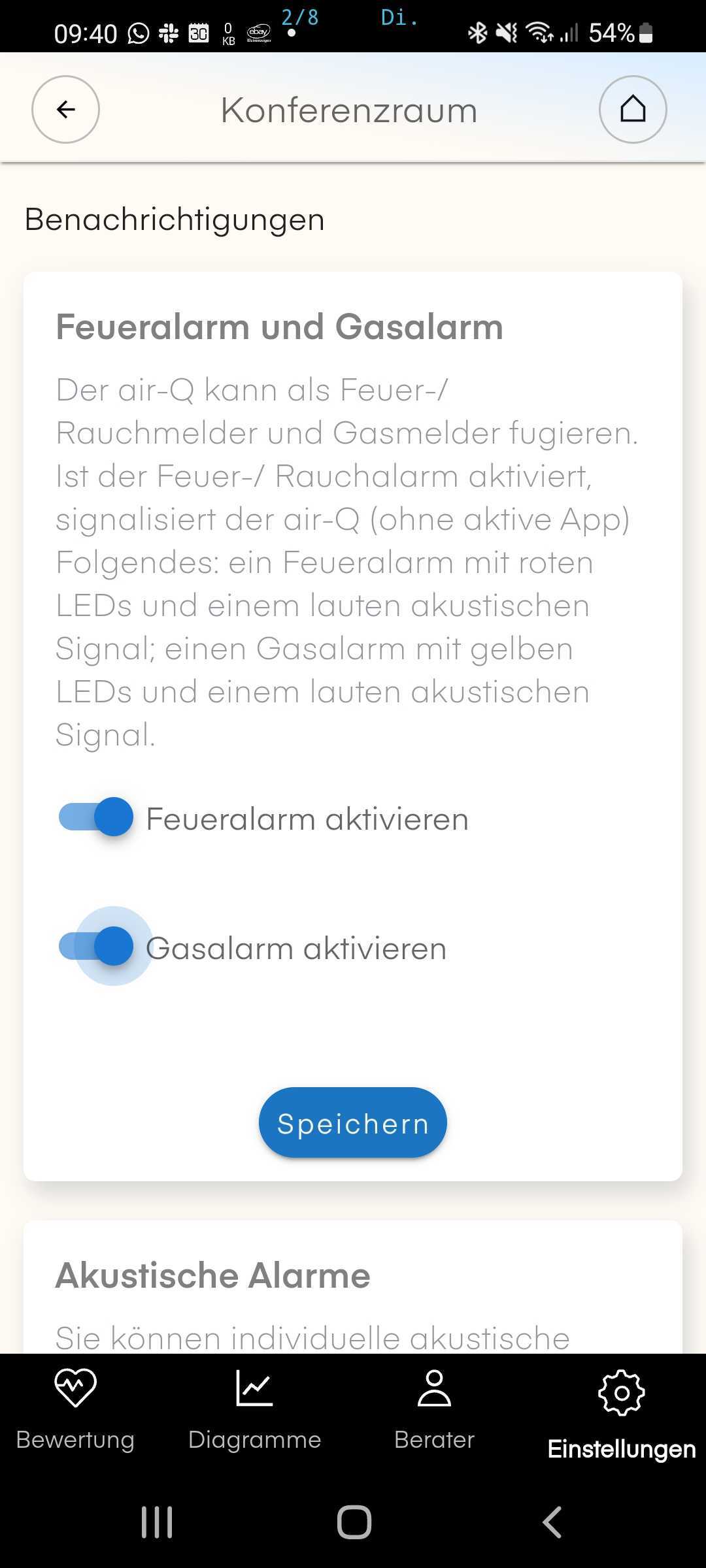 Bildschirmscreen der air-Q App: Benachrichtigung zum Feueralarm