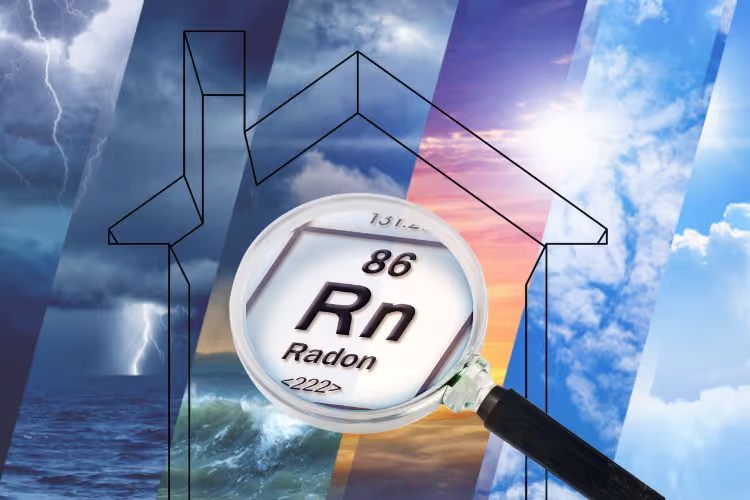 Collage aus Wetterphänomenen mit einem gezeichneten Haus und einer Lupe, in deren Sichtfeld das Gas Radon erscheint