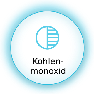 Blauer Kreis auf weißem Hintergrund mit einer zum Teil gefüGlten blauen Kreisgrafik sowie dem Schriftzug Kohlenmonoxid in der Mitteidvergiftung