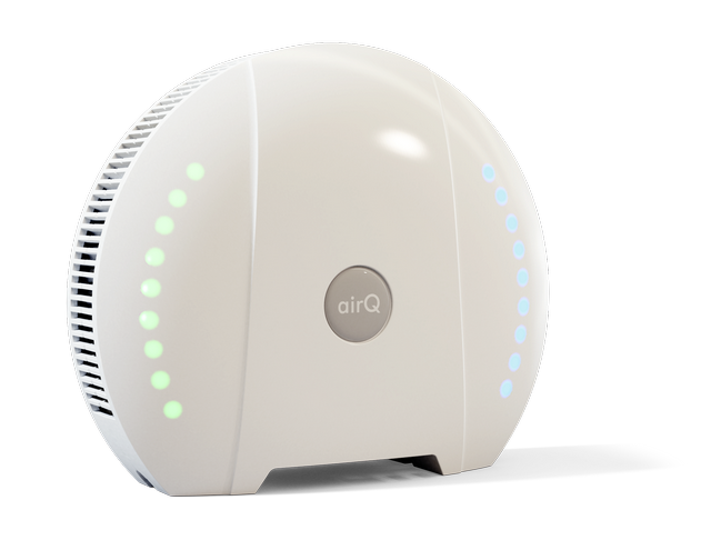  Kohlenmonoxid-Warnmelder air-Q  mit grün und blau leuchtender LED-Anzeige von der Seite