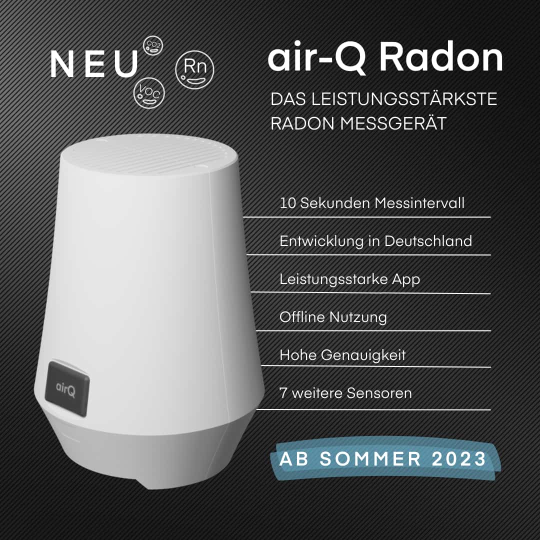Radon-Messgerät air-Q Radon vor grauem Hintergrund mit den wichtigsten USPs als Vorteilsliste in weißer Schriftweiße 