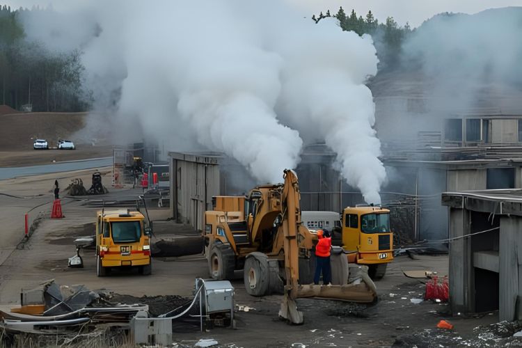 große Baustelle mit Bagger und Rauch