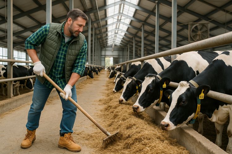 Ein Landwirt verteilt Futter in einem modernen, hellen Kuhstall, während mehrere schwarz-weiße Milchkühe an der Futterstelle fressen. Die Kühe tragen Ohrmarken und Halsbänder, der Stall wirkt sauber und gut belüftet.