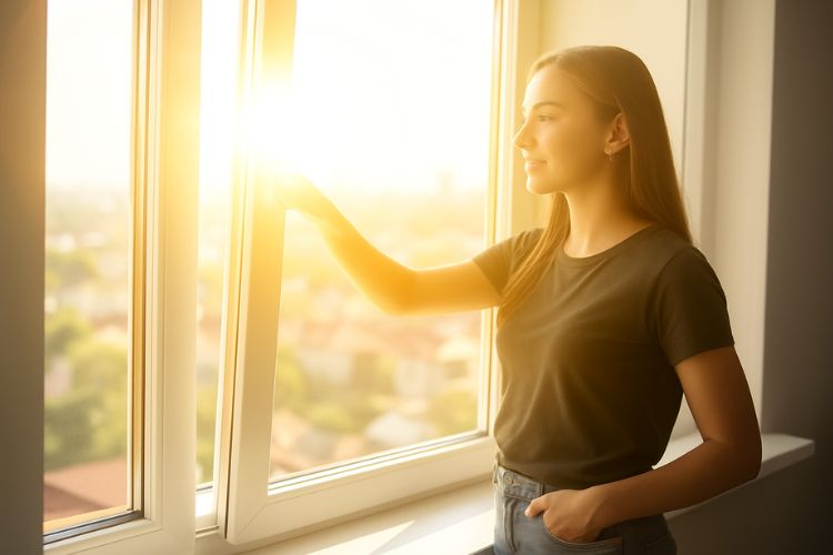 Frau steht an Fenster mit der Hand am Fenstergriff und schaut nach draußen