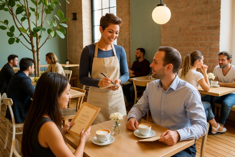 Restaurant mit besetzten Tischen und einem Kellner, der die Bestellung aufnimmt