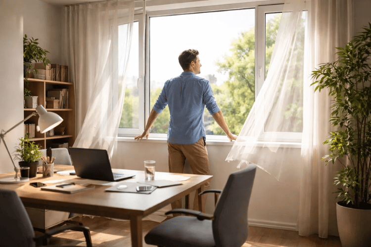 Büro mit einem länglichen Arbeitsplatz, an dem zwei Männer jeweils an einem Laptop arbeiten. Im Hintergrund ist ein großes Fenster, über das für eine gute Luftqualität regelmäßig gelüftet wird.
