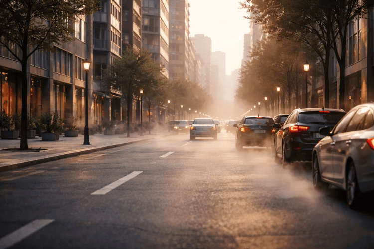 Straße mit einem Auto auf der linken und einer Häuserwand auf der rechten Seite, die Luft ist voller Stickoxid-Autoabgas, sodass die Gefahr für die Gesundheit durch die Luftverschmutzung sichtbar wird.