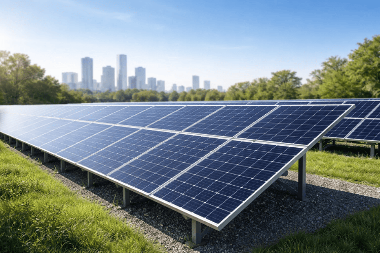 Aufgerichtete Solarpanells auf einer Wiese bei diesiger Luft. Sinnbild für den Solarertrag bei verschmutzter Luft.