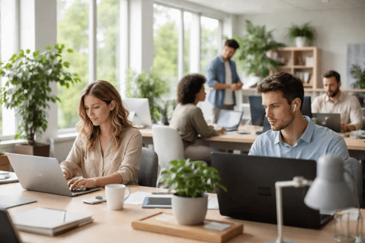 Großraumbüro mit mehreren Reihen Schreibtischen und Computerarbeitsplätzen, an denen Männer und Frauen sitzen. Die Luftqualität am Arbeitsplatz beeinflusst das Raumllima und somit die Leistungsfähigkeit.