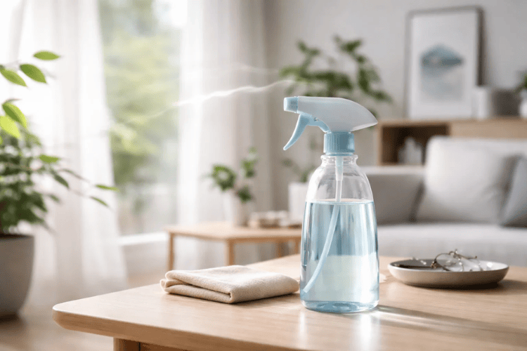 Reinigungsflaschen und Sprays nebeneinander stehend, die VOCs (Flüchtige Organische Verbindungen) beinhalten können, die man mit dem Luftmessgerät air-Q messen kann.