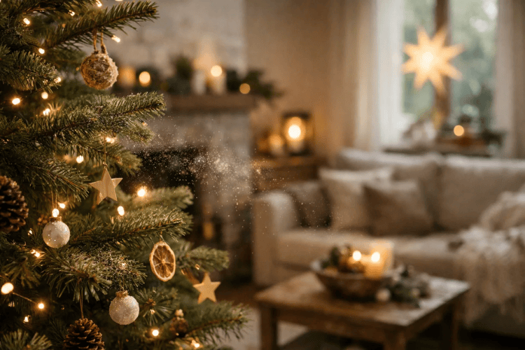 Golden geschmückter Weihnachtsbaum im Vordergrund, im Hintergrund verschwommene Sitzecke erkennbar.