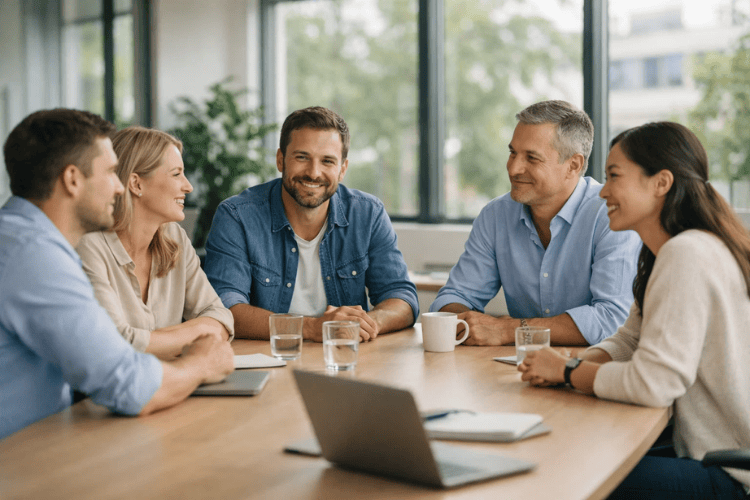 Meetingraum mit einem großen Bürotisch, um den junge Mitarbeiter sitzen und ein Projekt besprechen. | air-Q