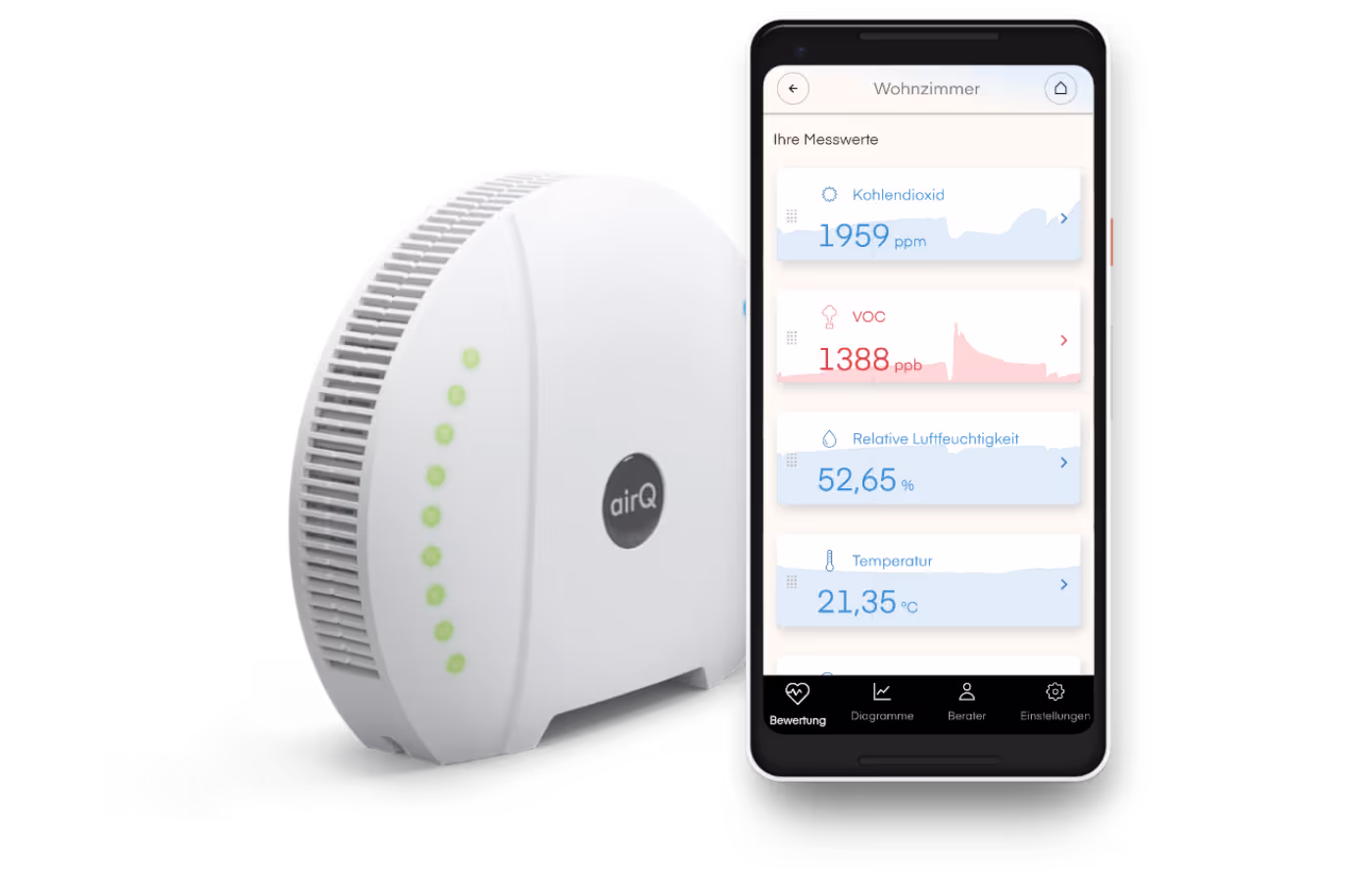 air-Q Luftmessgerät mit Lichtsensor seitlich