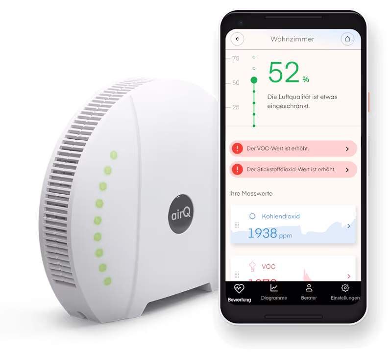 air-Q frontal mit Smartphone und Messwerten