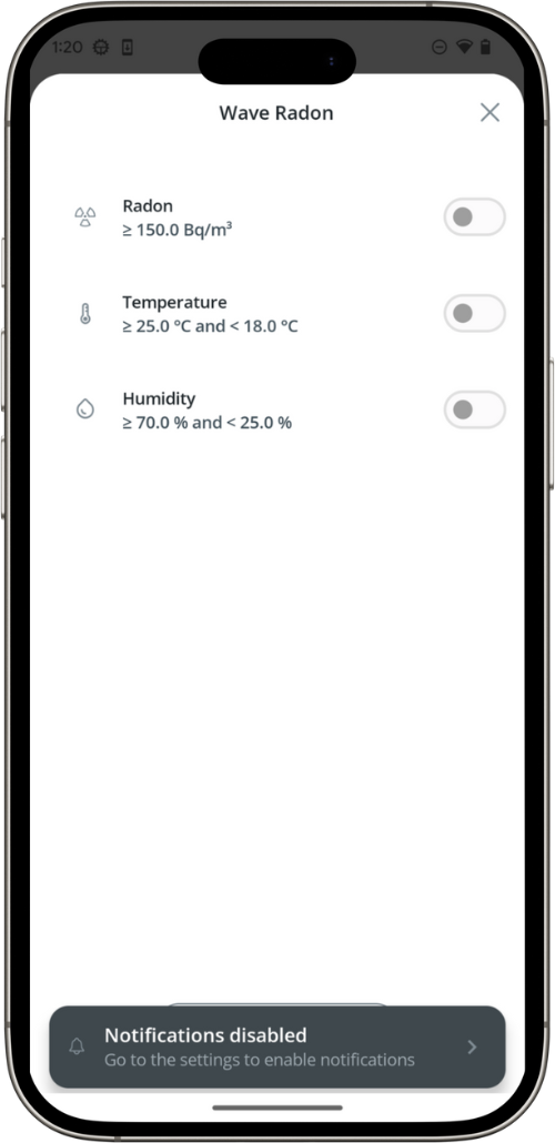 Airthings Wave Plus Alarmeinstellungen in der App