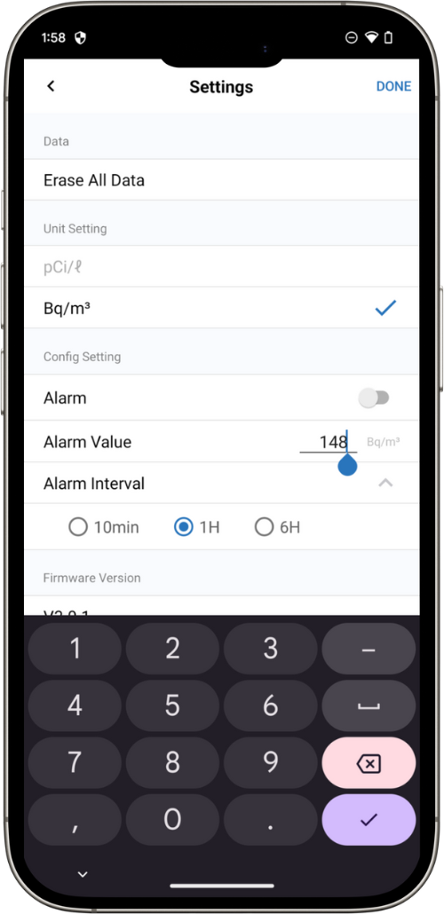 RadonEye Alarmeinstellungen in der EcoSense App