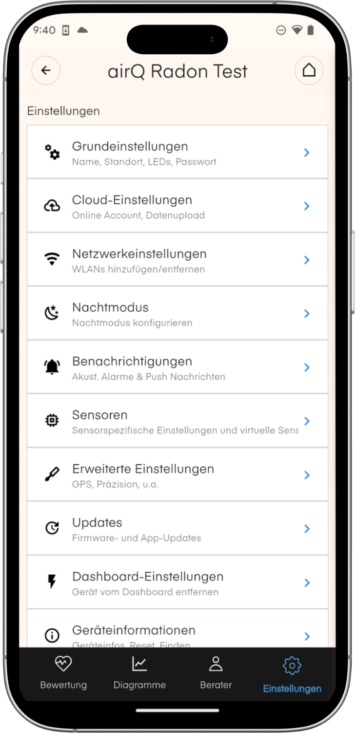 air-Q radon science Einstellungen in der air-Q App