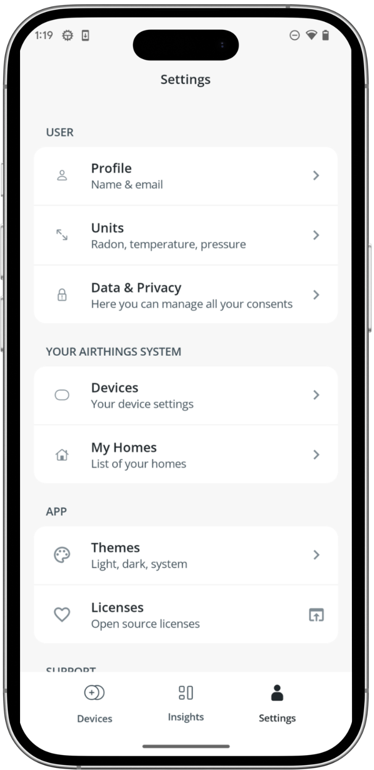 Airthings Wave Plus Einstellungen in der App