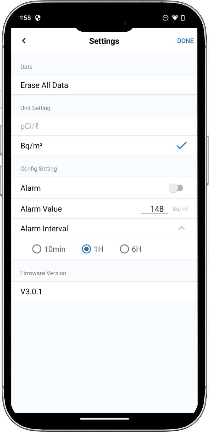 RadonEye Einstellungen in der EcoSense App