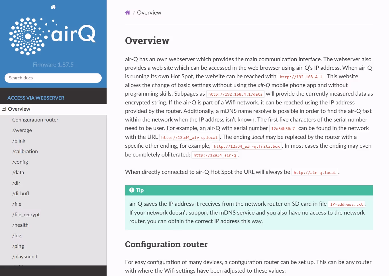 air-Q Science lokale API — Zugriff auf Messwerte und Konfiguration