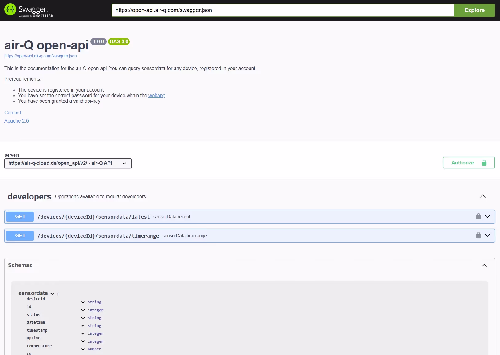 air-Q Web API Screenshot