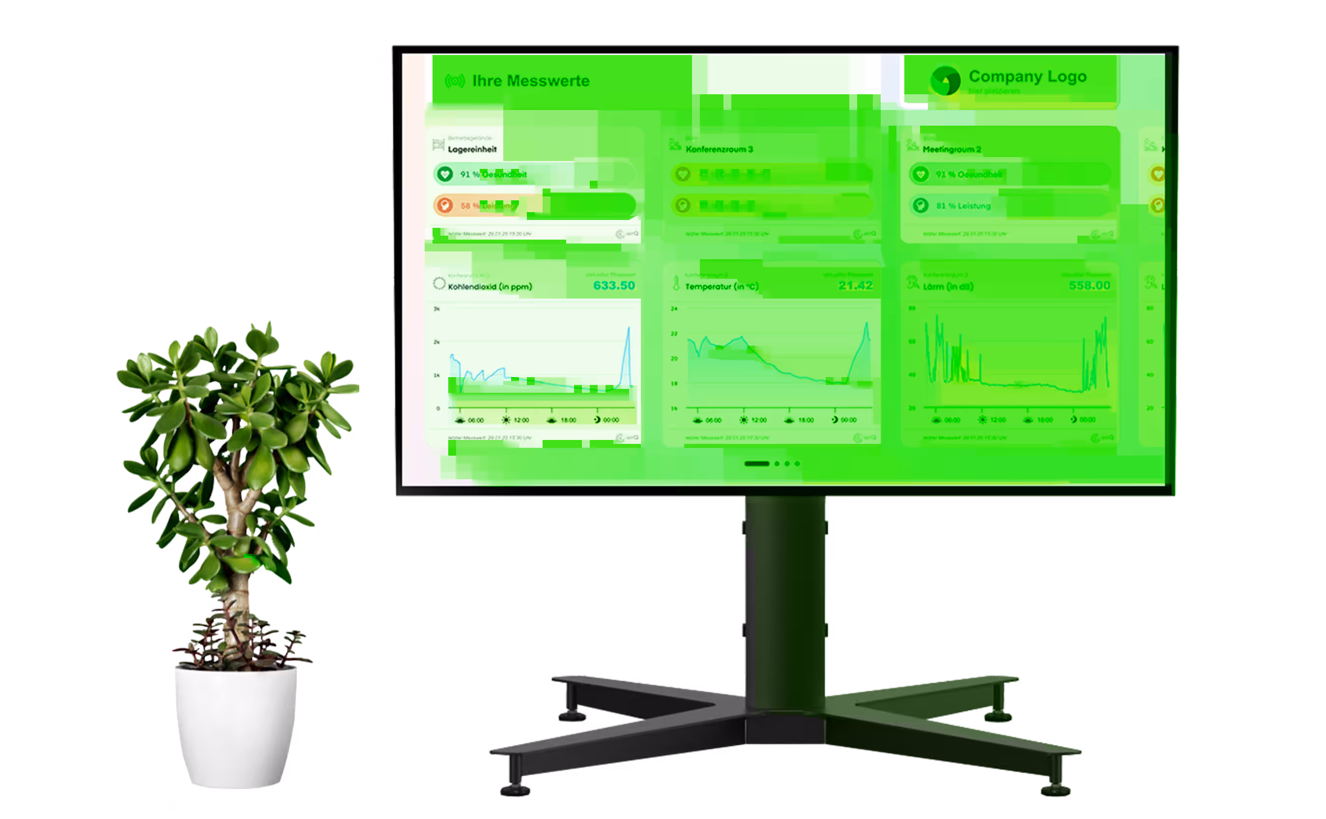 air-Q auf Ständer im Büro mit Infotainment Dashboard